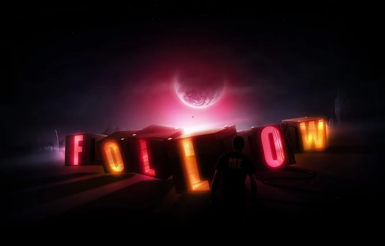 Photo wallpaper light, the inscription, the moon, people, neon, letter, follow me, follow me