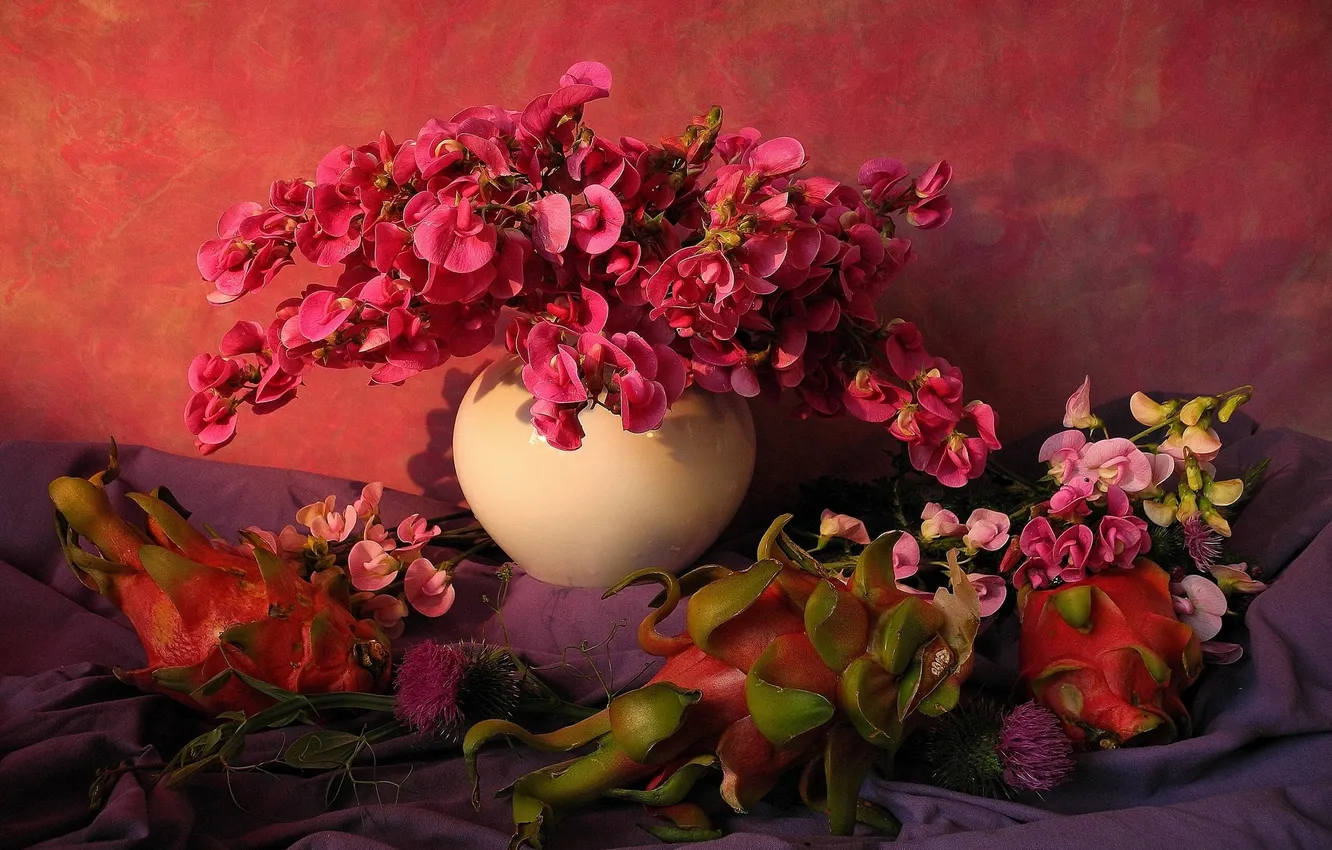 Photo wallpaper fruit, still life, sweet peas, Thistle, pitahaya, pitaya, dragon fruit