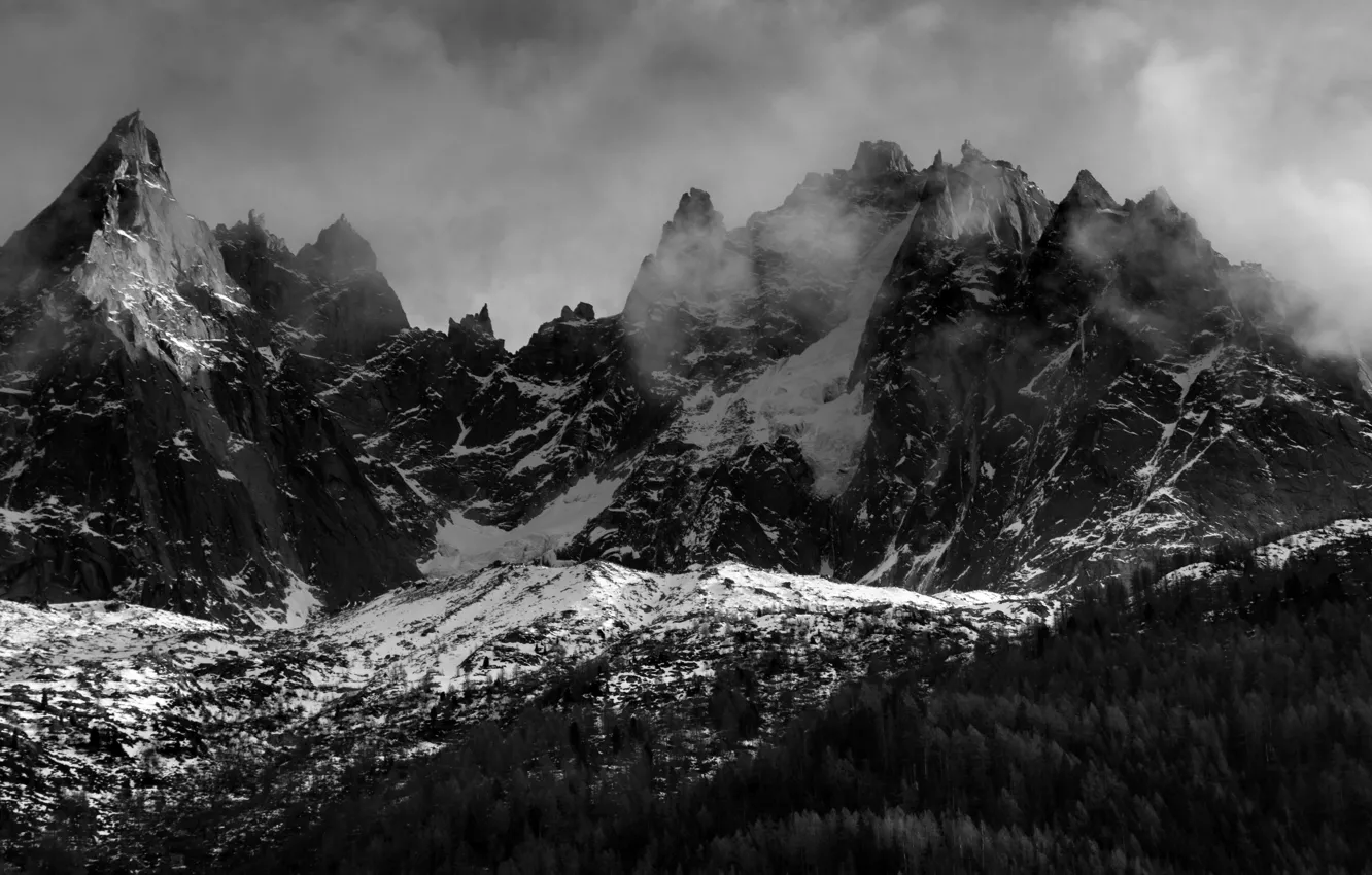 Photo wallpaper winter, the sky, clouds, snow, trees, mountains, nature, rocks