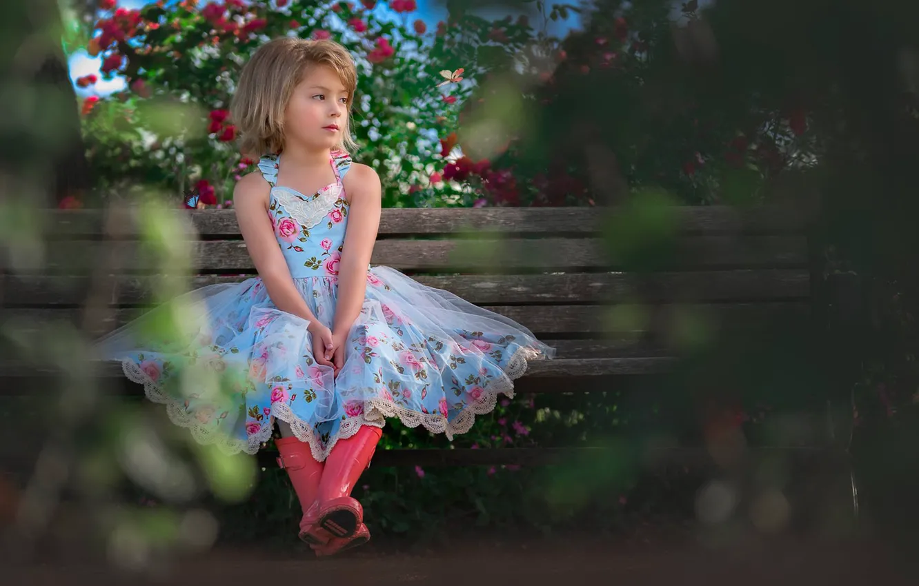 Photo wallpaper bench, mood, boots, garden, dress, girl