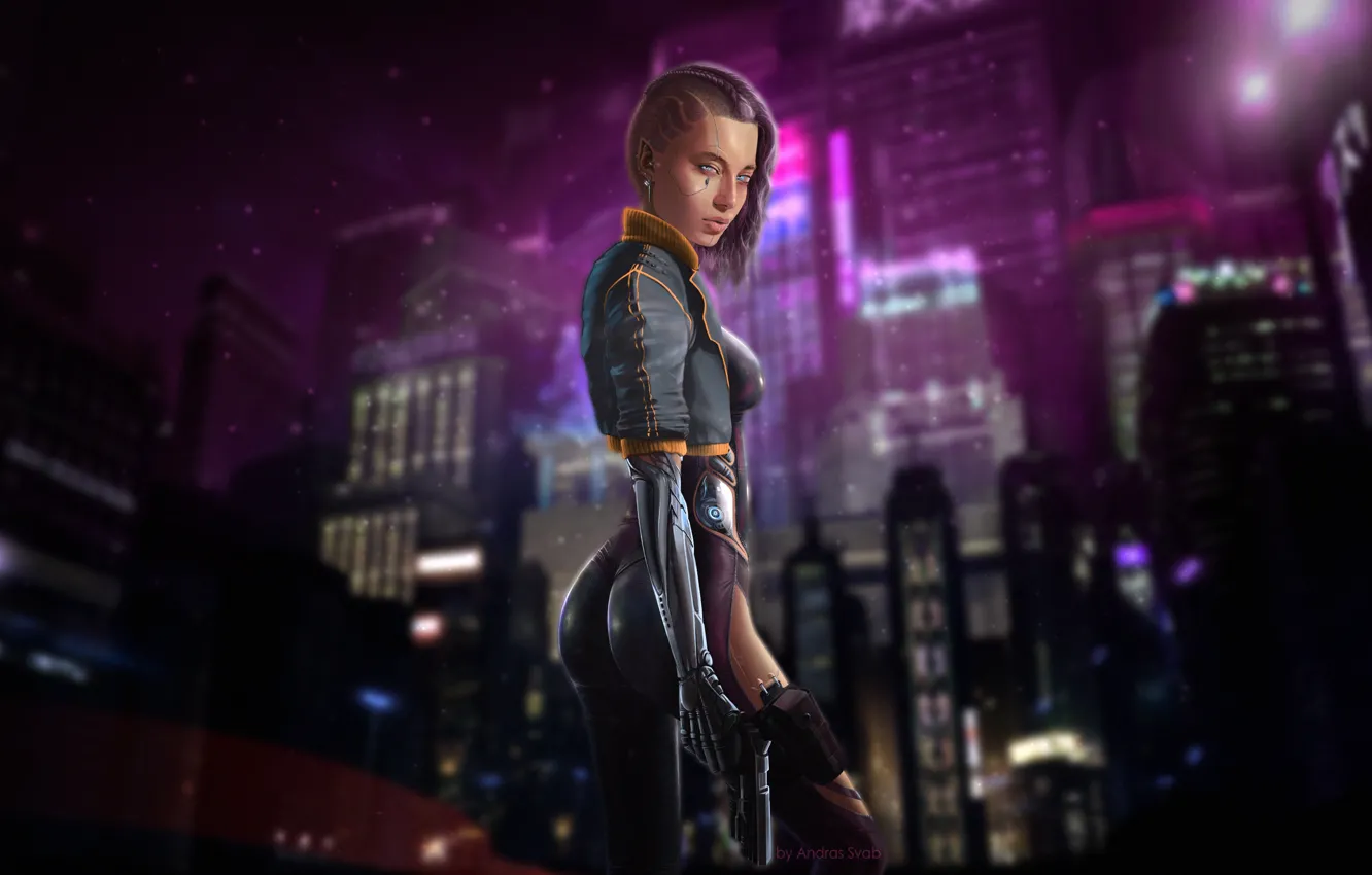 Photo wallpaper girl, night, city, the city, sexy, gun, robot, neon