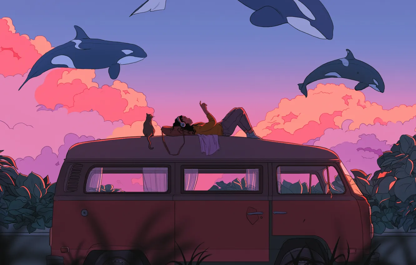 Photo wallpaper the sky, girl, clouds, sunset, figure, anime, lies, van