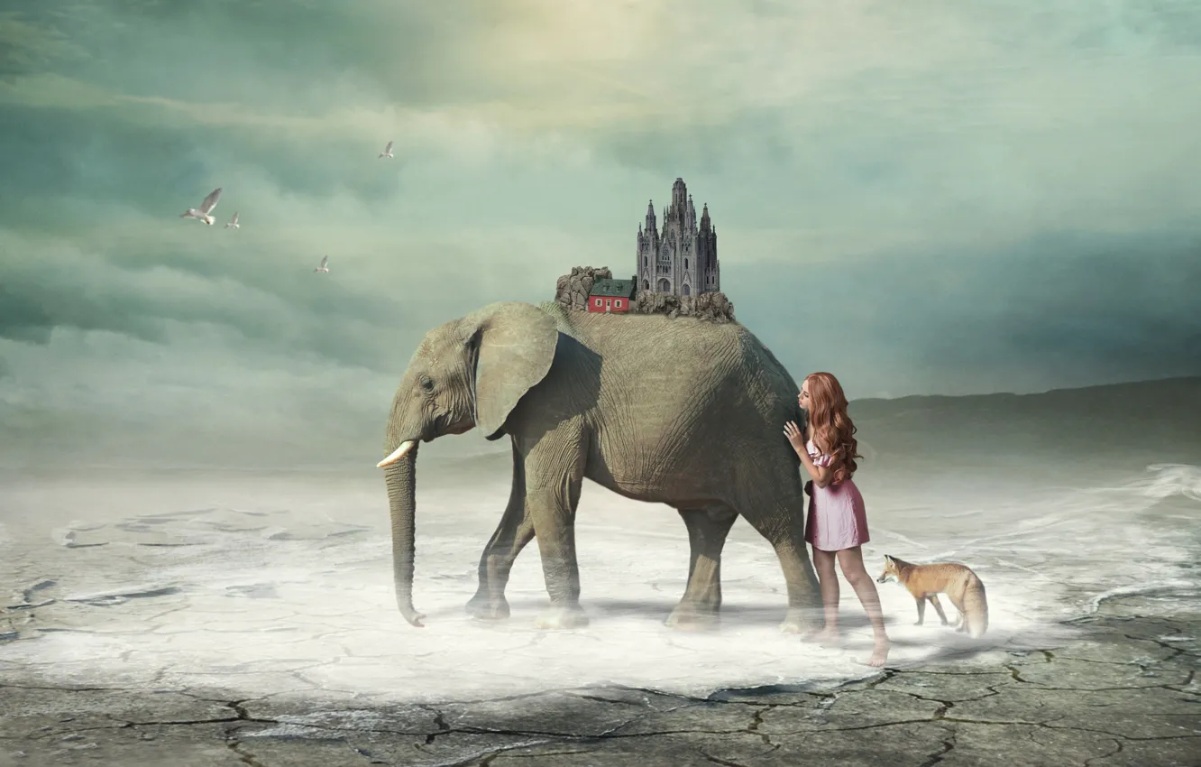 Photo wallpaper girl, fantasy, elephant, art, Fox