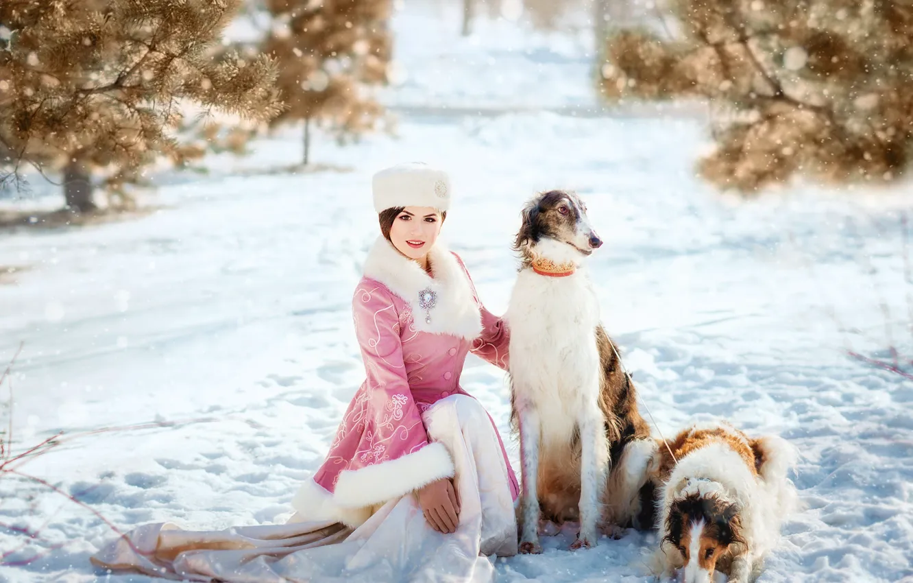 Photo wallpaper winter, dogs, look, girl, snow, branches, Park, makeup