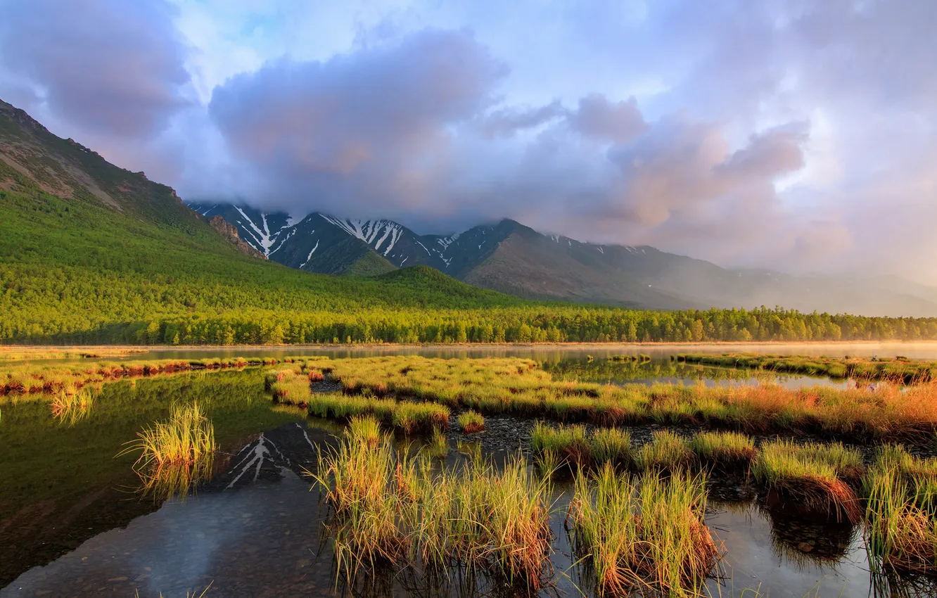 Photo wallpaper clouds, vegetation, horizon, Tamara Dobrolyubova, sunrise at Cape Kedrovoe, Northern Baikal