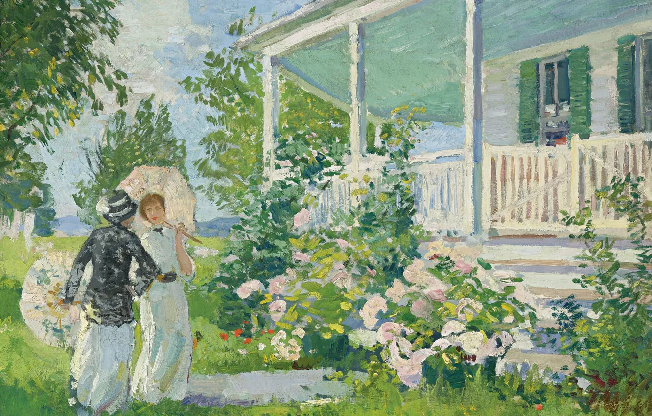 Photo wallpaper girl, landscape, flowers, picture, umbrella, Gifford Beal, Summer Cottage, Gifford Beal