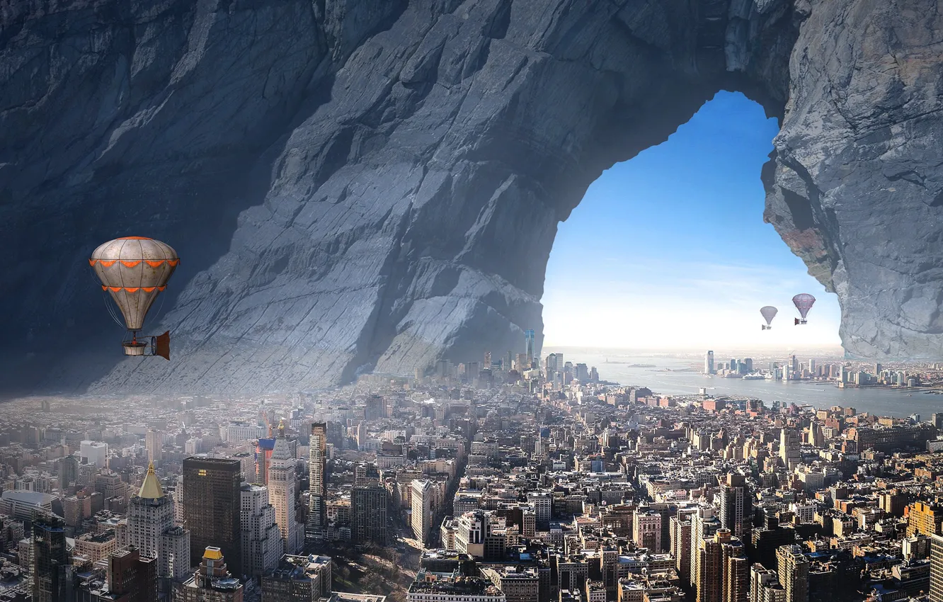 Photo wallpaper sea, the sky, flight, the city, fog, balloon, stones, rendering