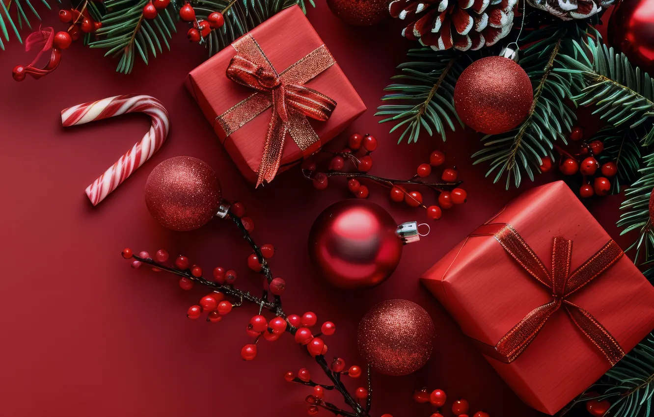 Photo wallpaper balls, branches, red, berries, box, gift, new year, fruit