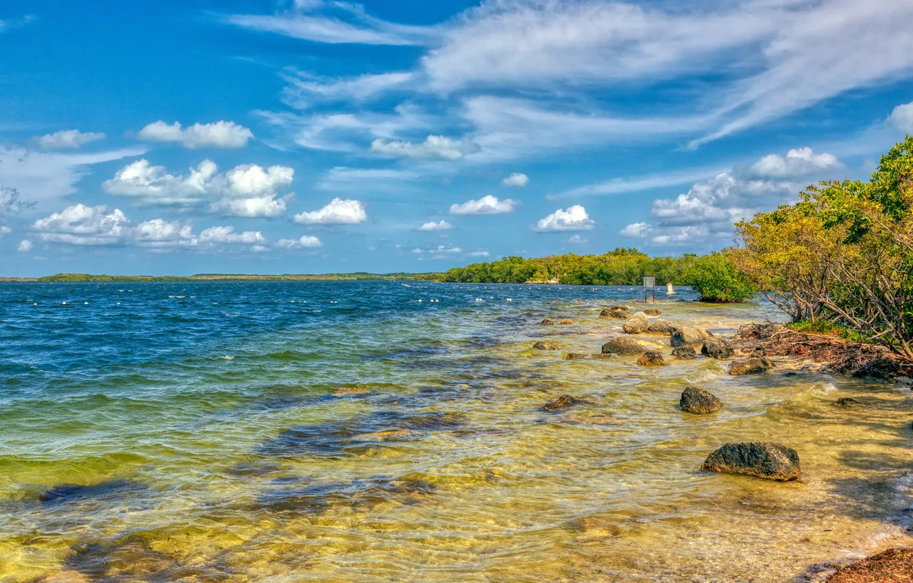 Photo wallpaper sea, the sky, the sun, clouds, trees, stones, shore, FL