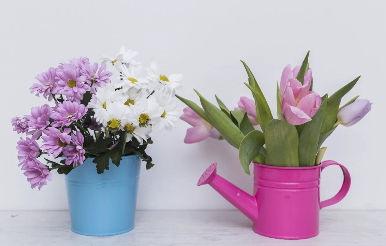 Photo wallpaper flowers, bouquet, tulips, lake, chrysanthemum, pot