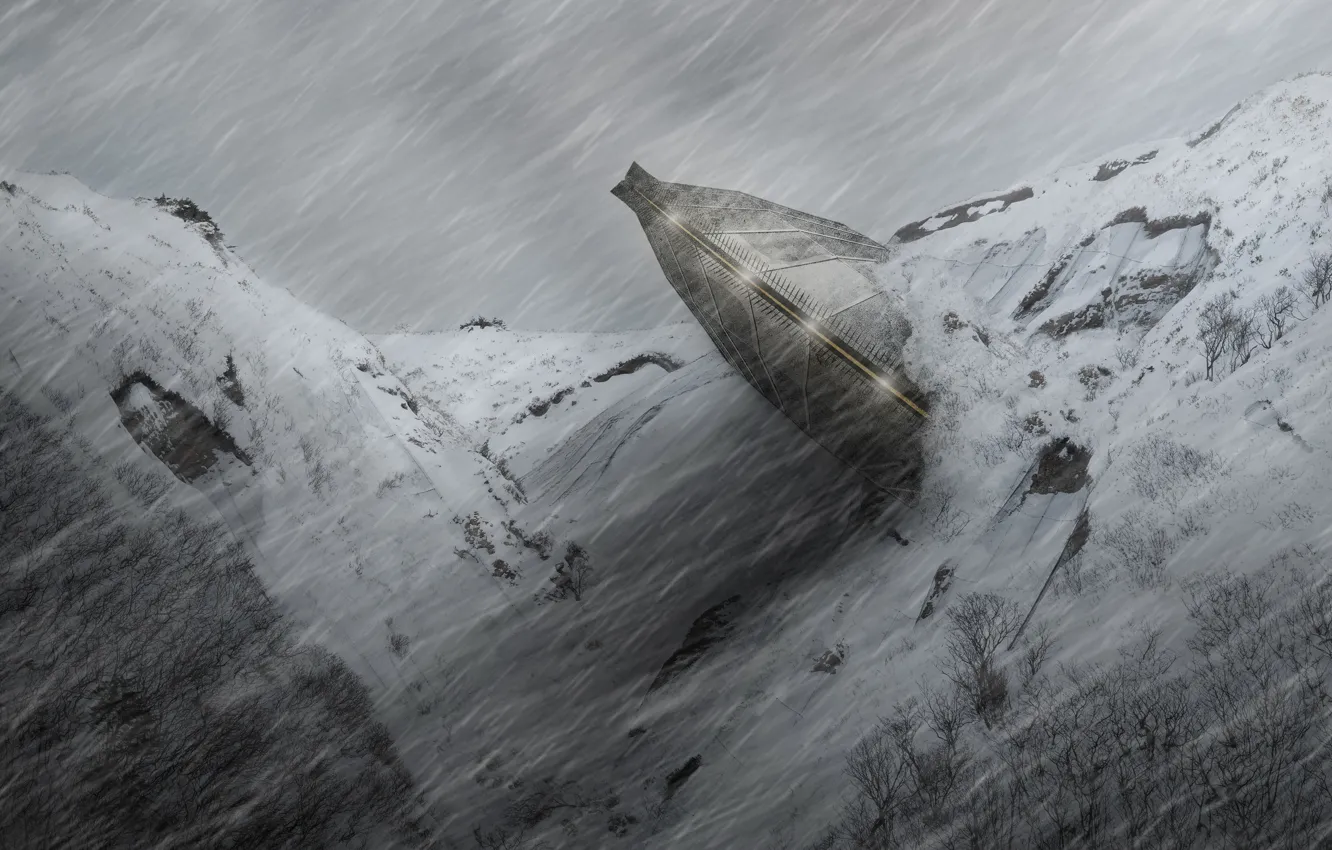 Photo wallpaper winter, snow, mountains, fiction, hills, the crash, UFO, slope