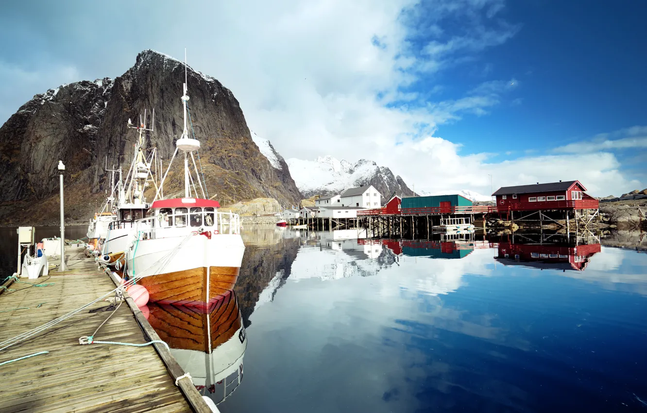Photo wallpaper clouds, snow, mountains, Bay, boats, Norway, houses, boats