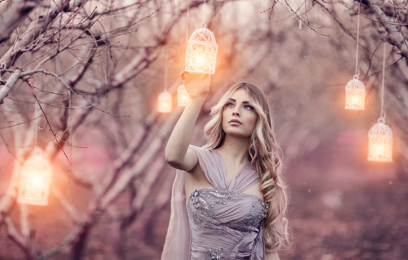 Photo wallpaper girl, lanterns, Alessandro Di Cicco, Magic Lanterns