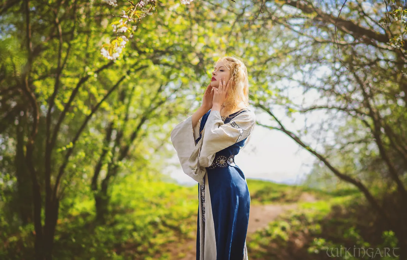 Photo wallpaper girl, light, branches, blue, nature, pose, Park, spring