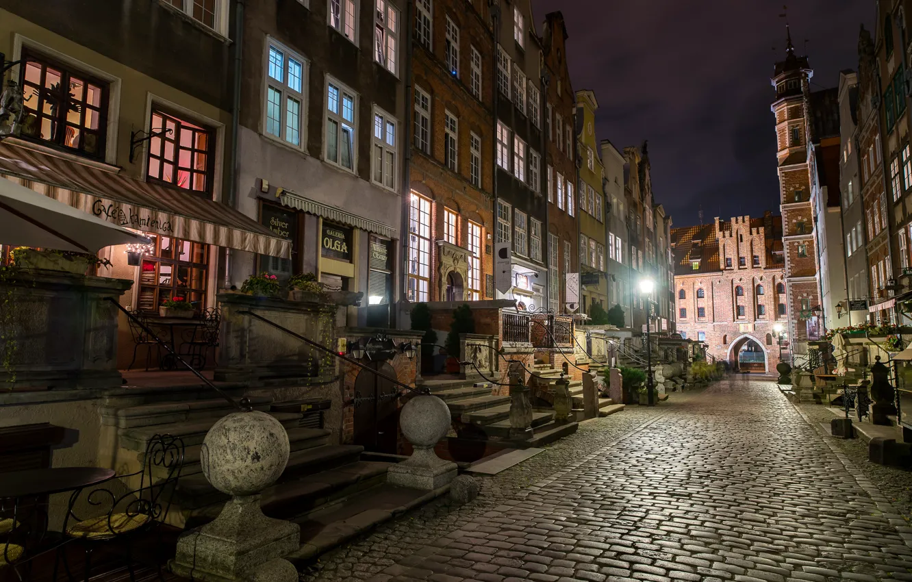 Photo wallpaper night, lights, street, Poland, lights, shop, street, houses