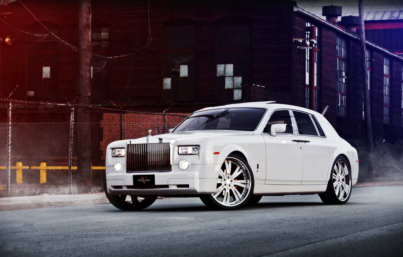 Photo wallpaper white, the building, Phantom, the fence, white, Rolls Royce, front view, Phantom