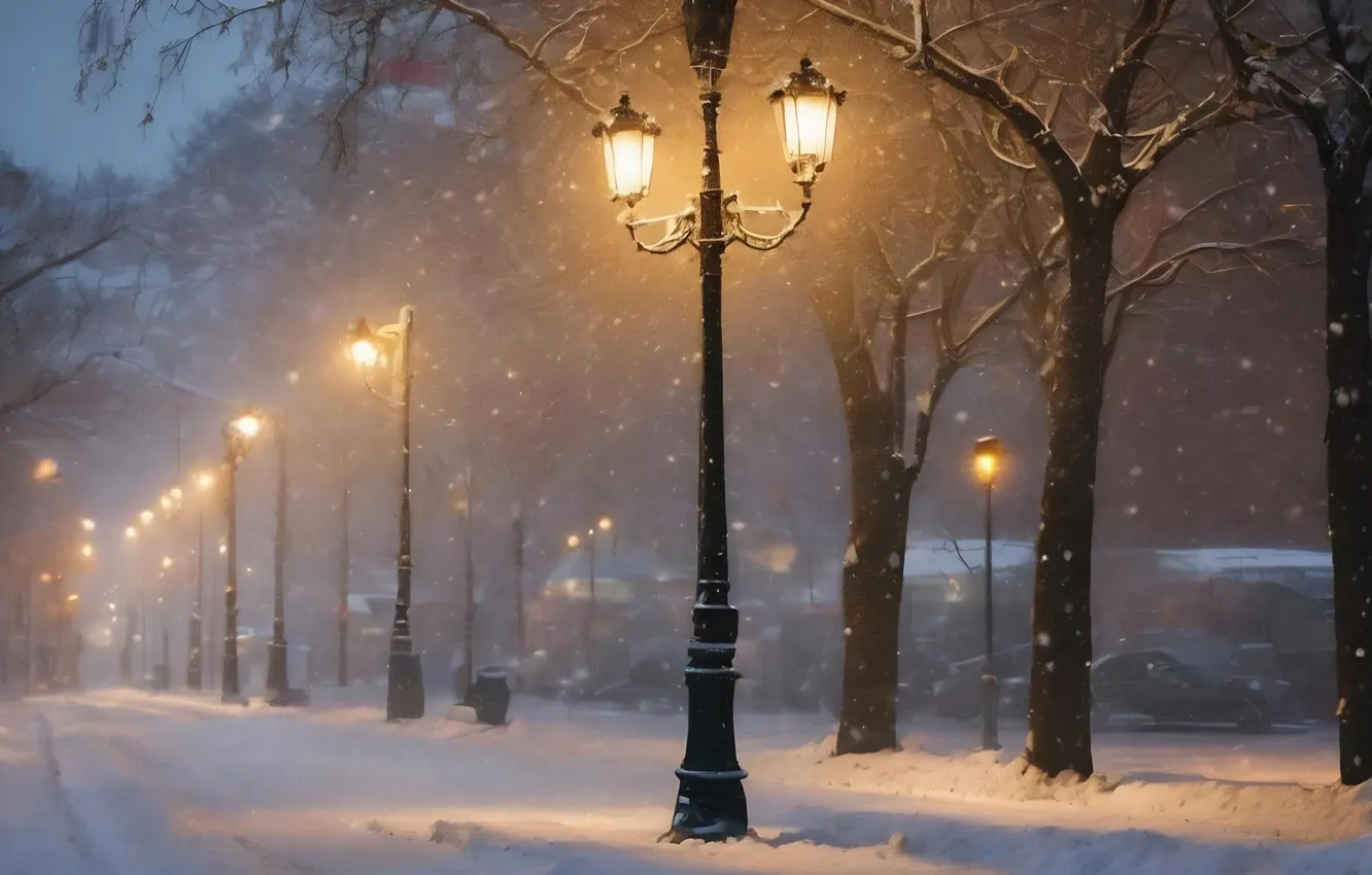 Photo wallpaper winter, snow, night, street, Board, new year, Christmas, lights