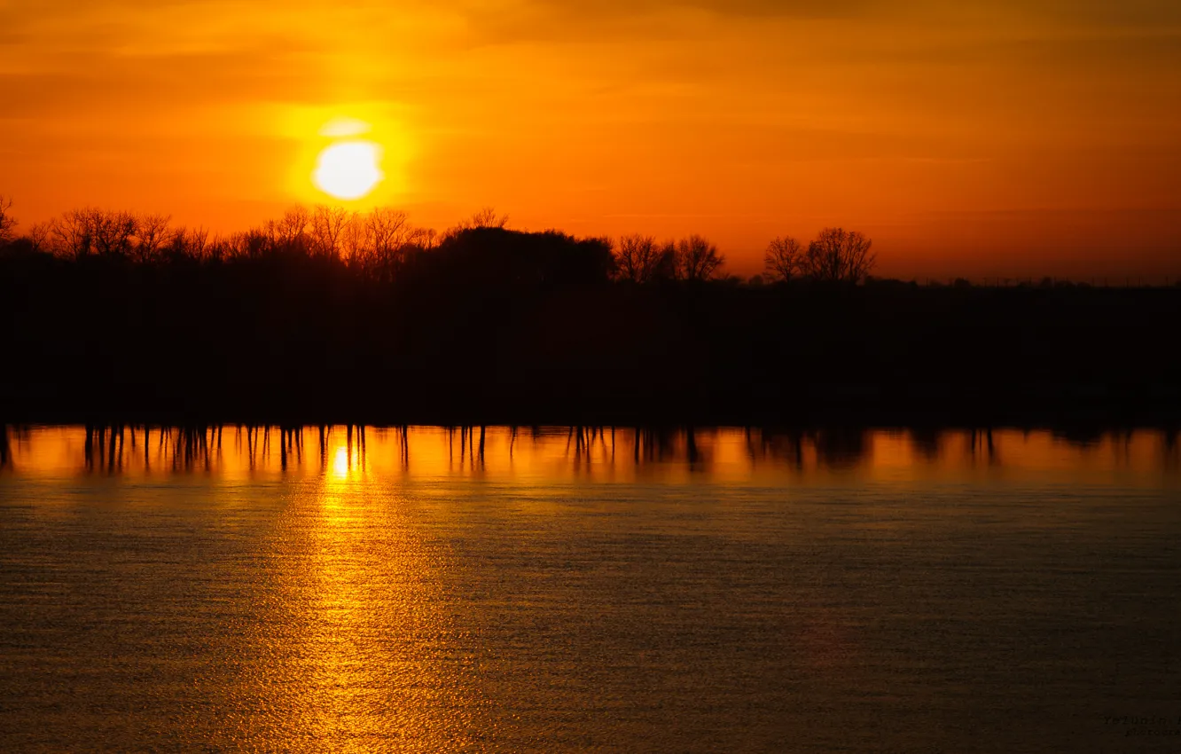 Photo wallpaper the sky, water, the sun, trees, sunset, yellow, reflection, river