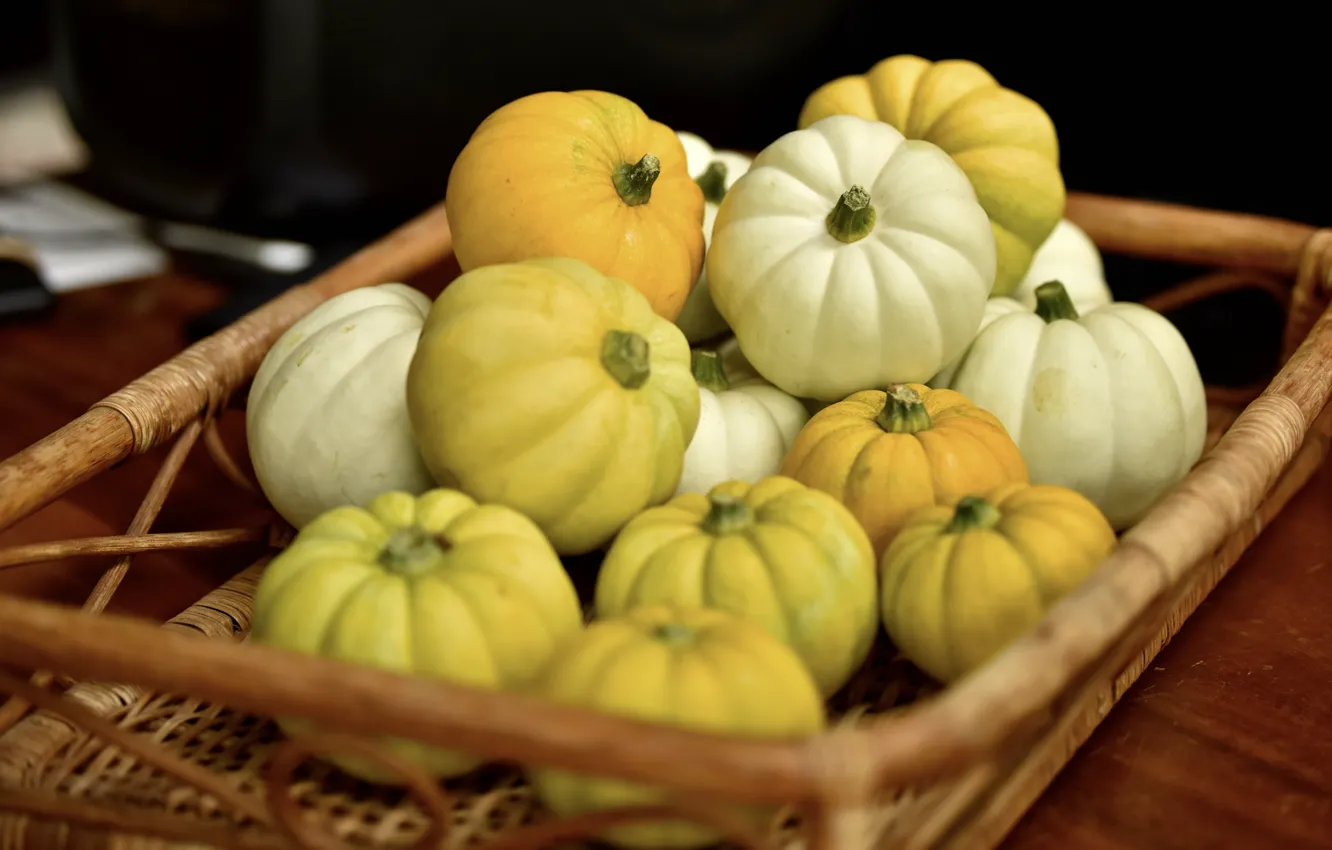 Photo wallpaper yellow, table, pumpkin, white, box, basket, bokeh, braided