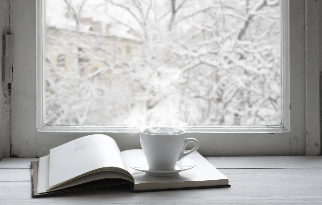 Photo wallpaper winter, snow, window, Cup, book, hot, winter, snow