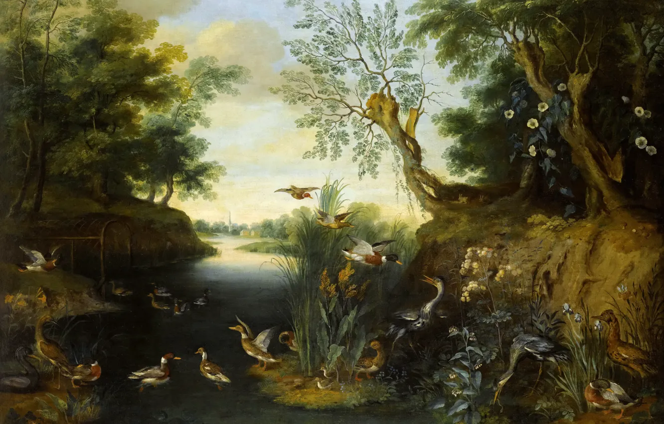 Photo wallpaper animals, trees, river, picture, Jan Brueghel the younger, River Landscape with Birds