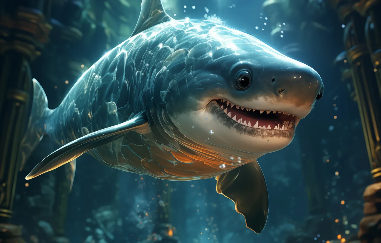 Photo wallpaper building, predator, shark, underwater world, digital art, AI art, The Art of Artificial Intelligence, neural …