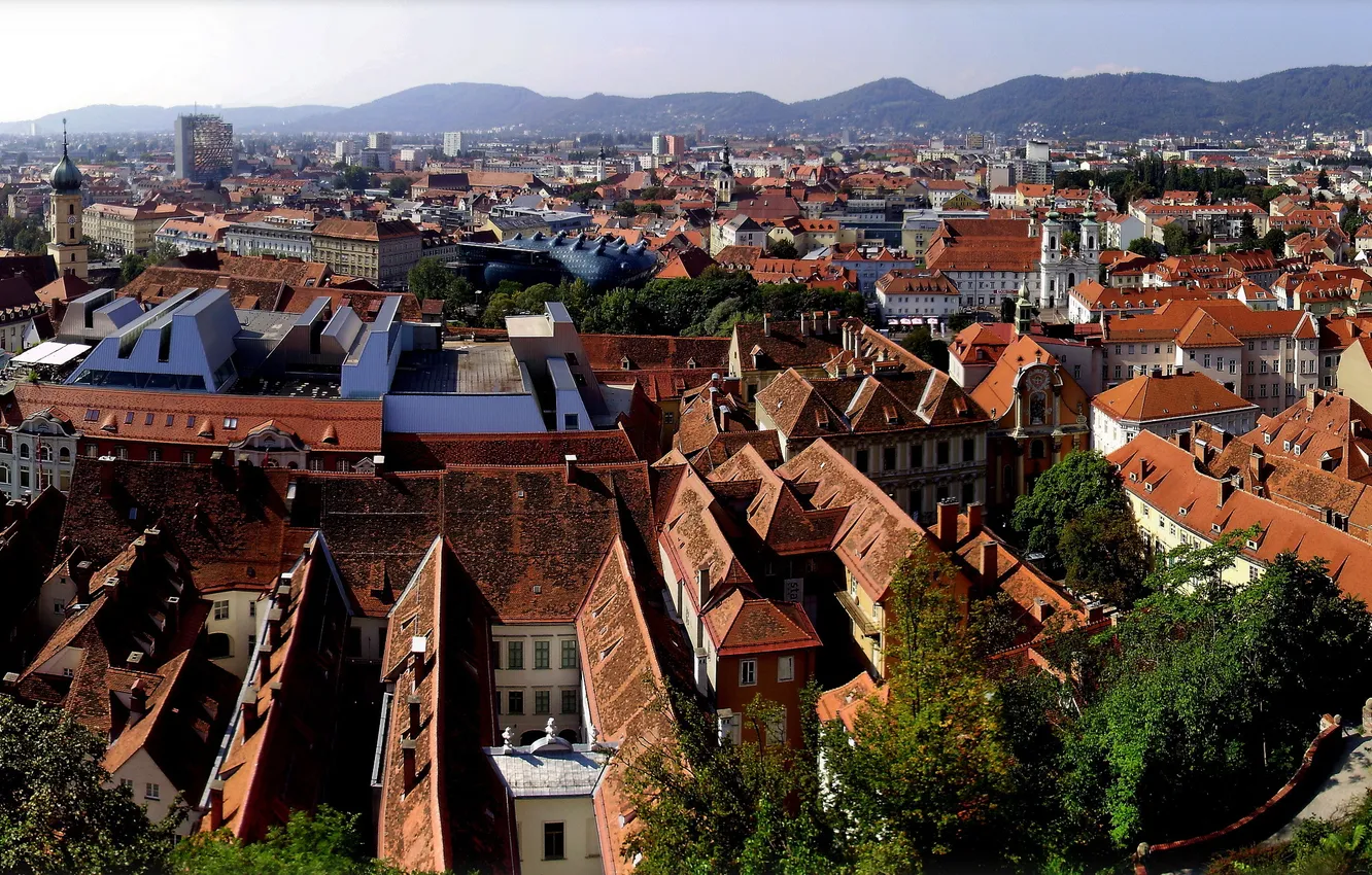 Photo wallpaper mountains, the city, Austria, panorama, Austria, architecture., Cities, Styria From