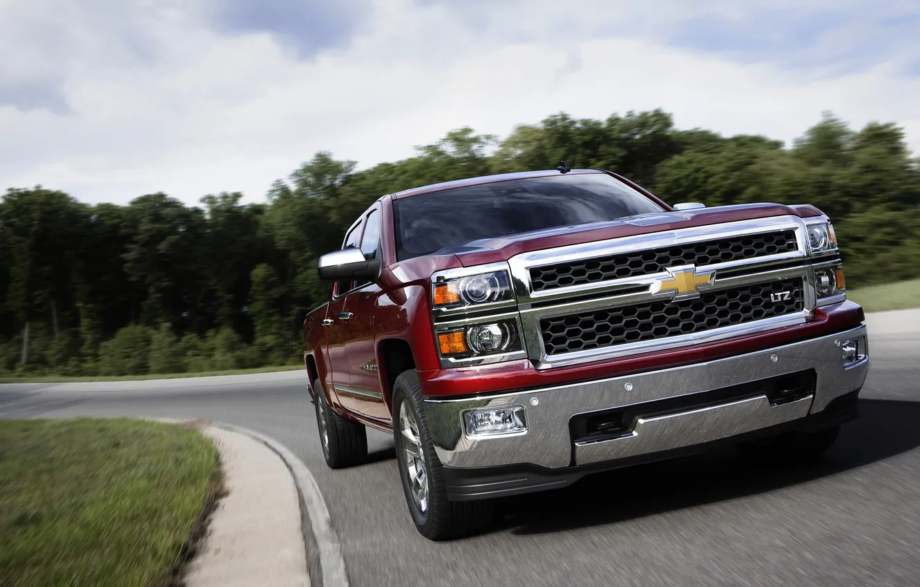 Photo wallpaper road, Chevrolet, grille, in motion, pickup, cherry, the front, Burgundy
