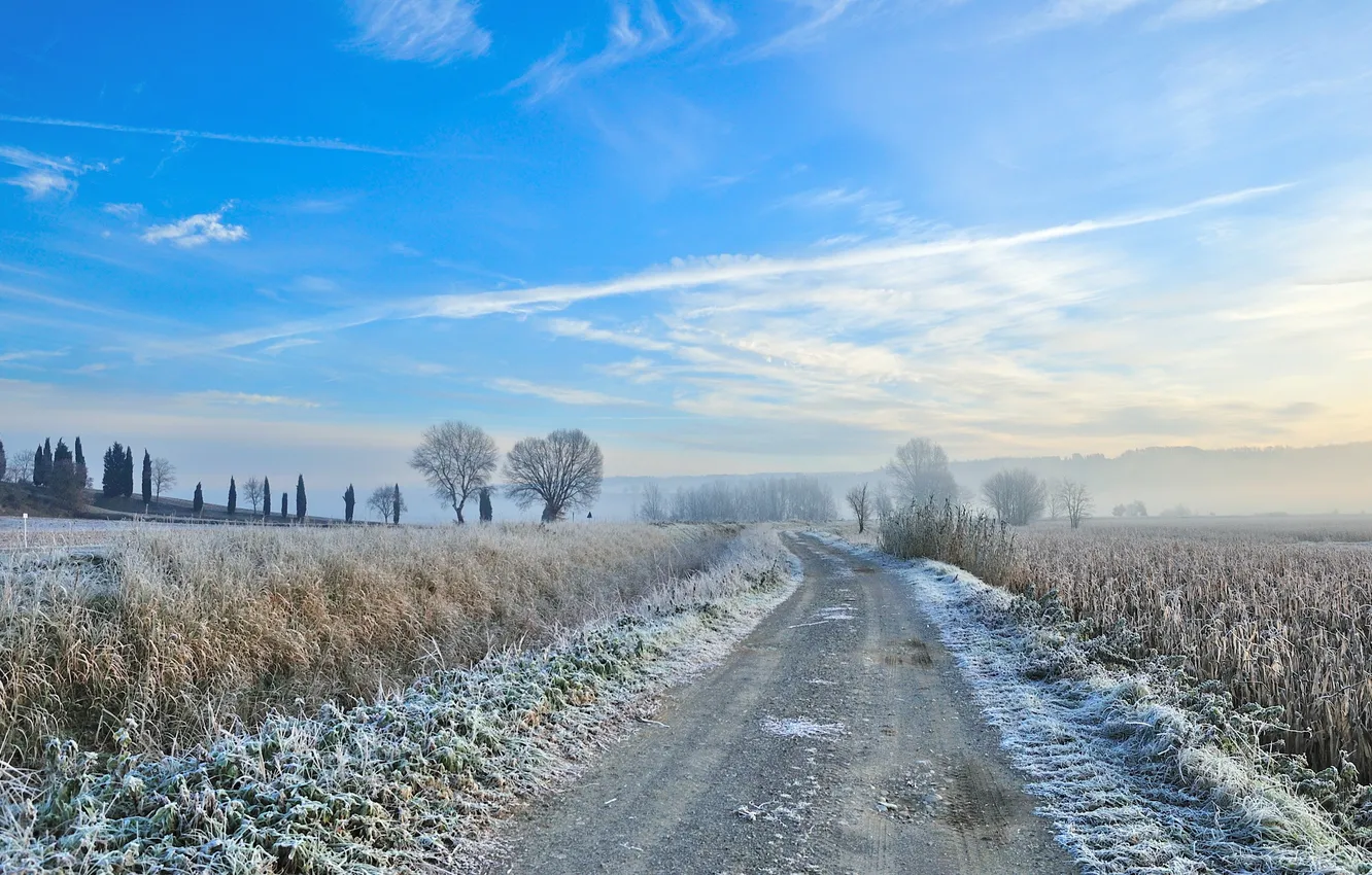Photo wallpaper frost, road, field, the sky