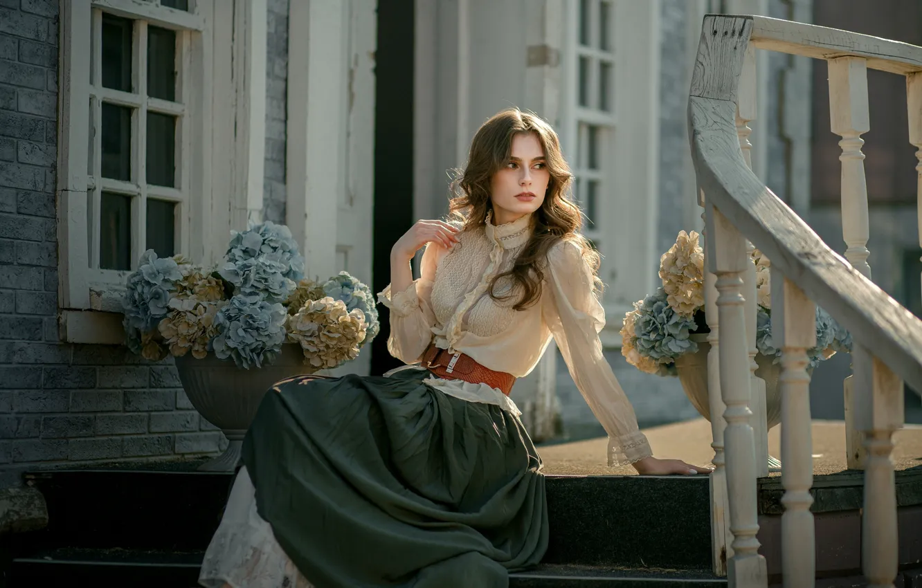 Photo wallpaper girl, flowers, pose, style, skirt, blouse, long hair, by Nastasya Parshina