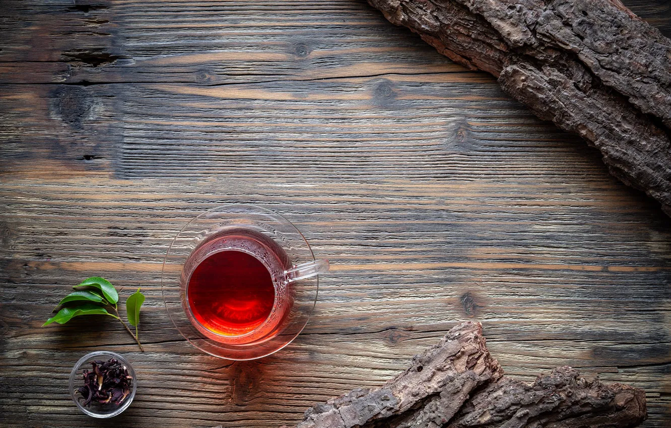 Photo wallpaper glass, leaves, tea, Board, the tea party, mug, Cup, bark