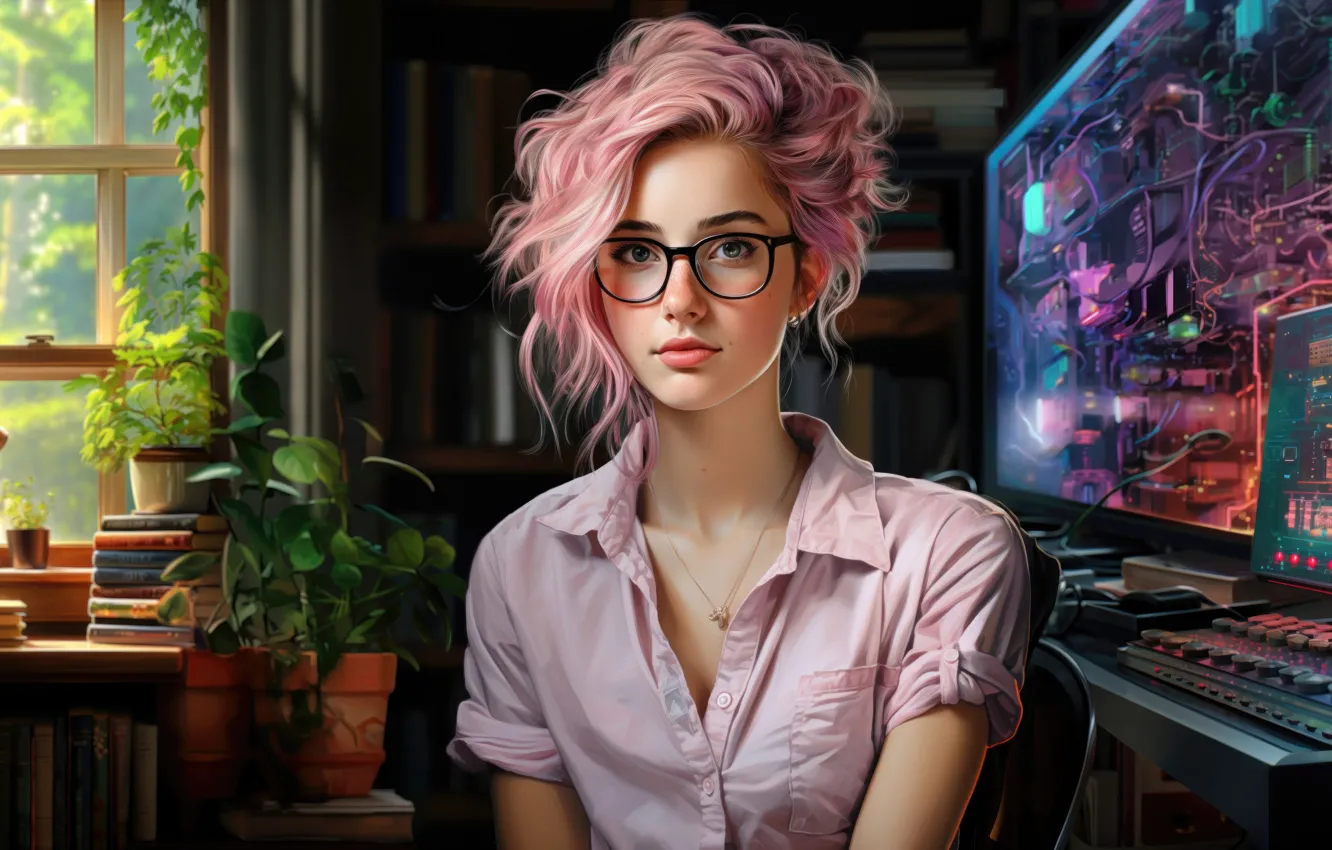 Photo wallpaper Girl, Look, Glasses, Window, Hair, Digital art, AI art, The Art of Artificial Intelligence