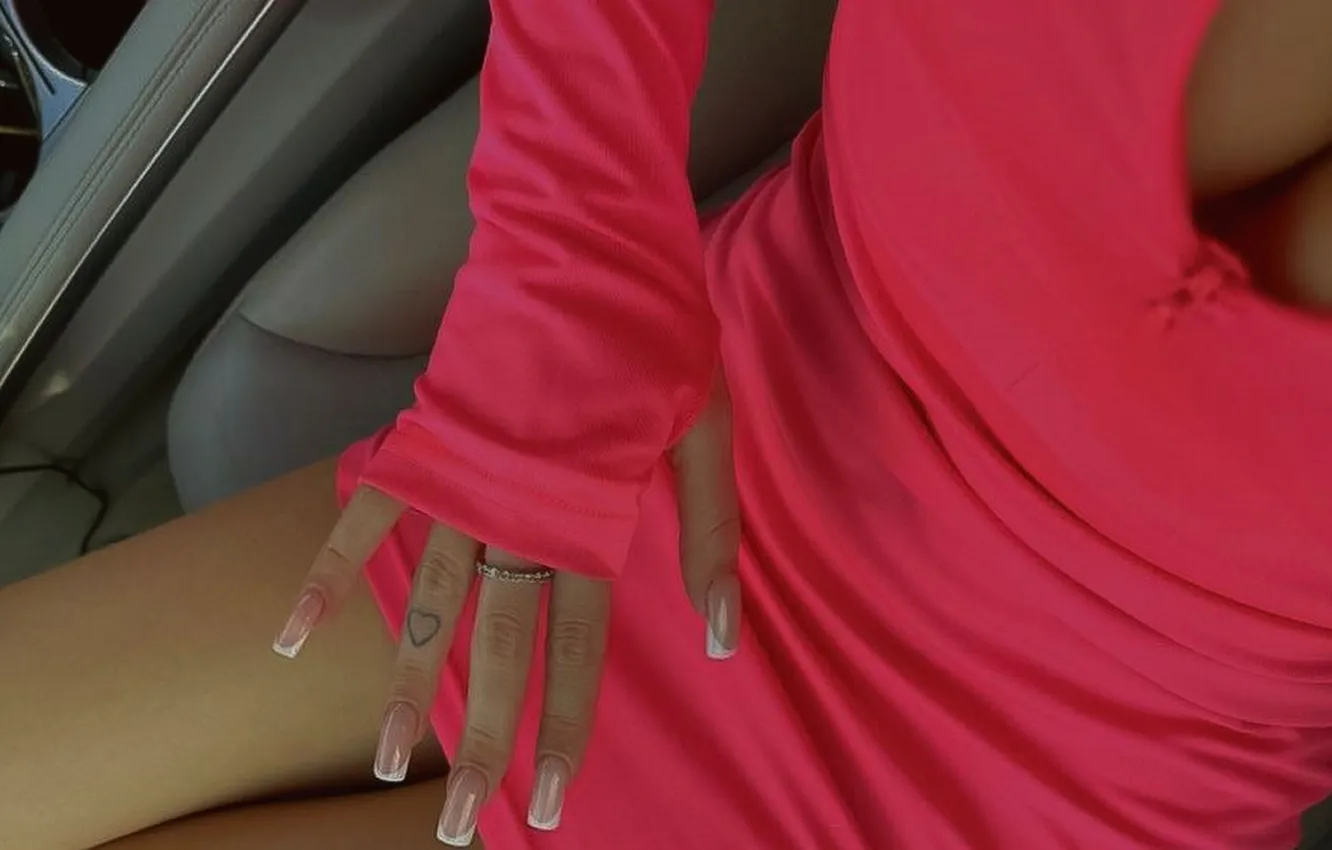Photo wallpaper girl, tattoo, manicure, ring, pink dress, slender legs
