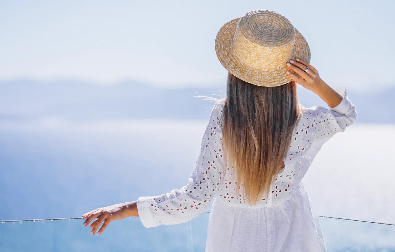 Photo wallpaper girl, hat, white dress, pond, is back