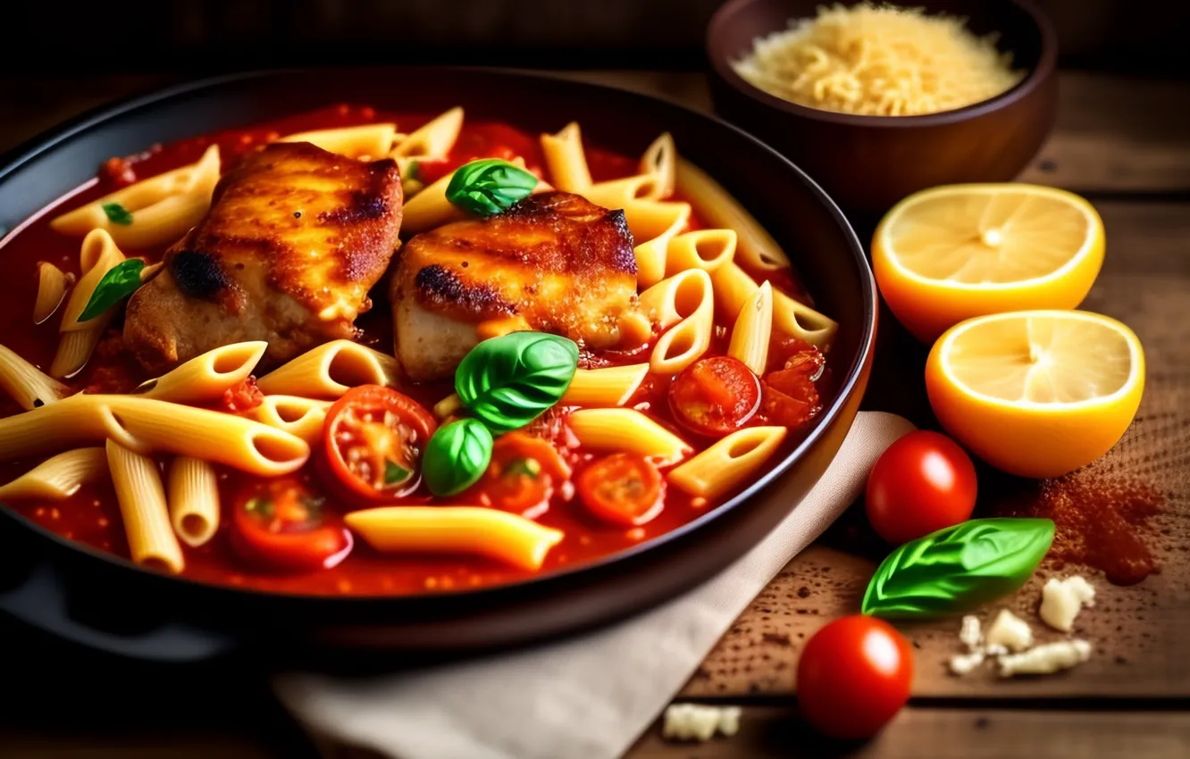 Photo wallpaper greens, lemon, food, cheese, meat, tomatoes, sauce, dish