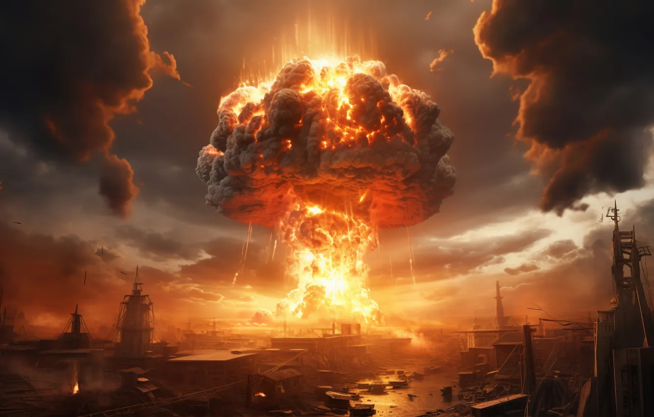 Photo wallpaper Clouds, Home, The city, Fire, Mushroom, The explosion, Digital art, A nuclear explosion