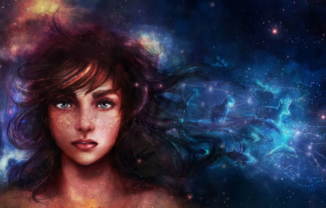 Photo wallpaper look, girl, space, nebula, portrait