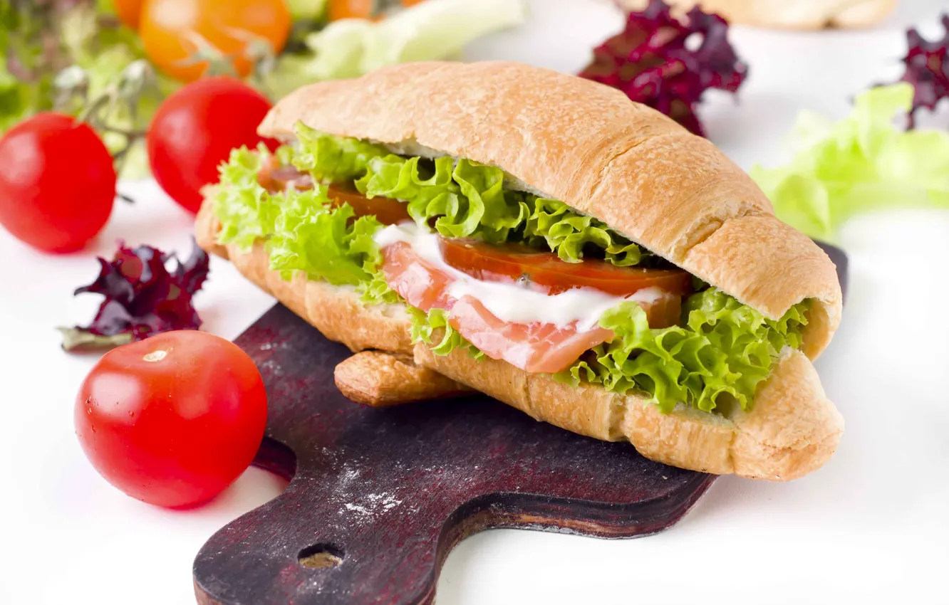 Photo wallpaper meat, tomato, sandwich, salad, croissant