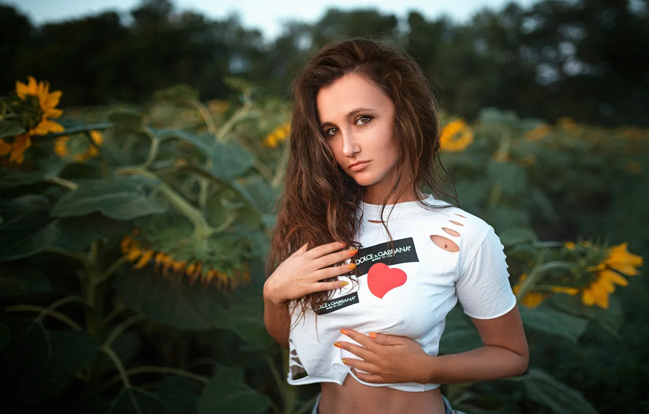 Photo wallpaper field, look, girl, sunflowers, pose, hands, t-shirt, long hair