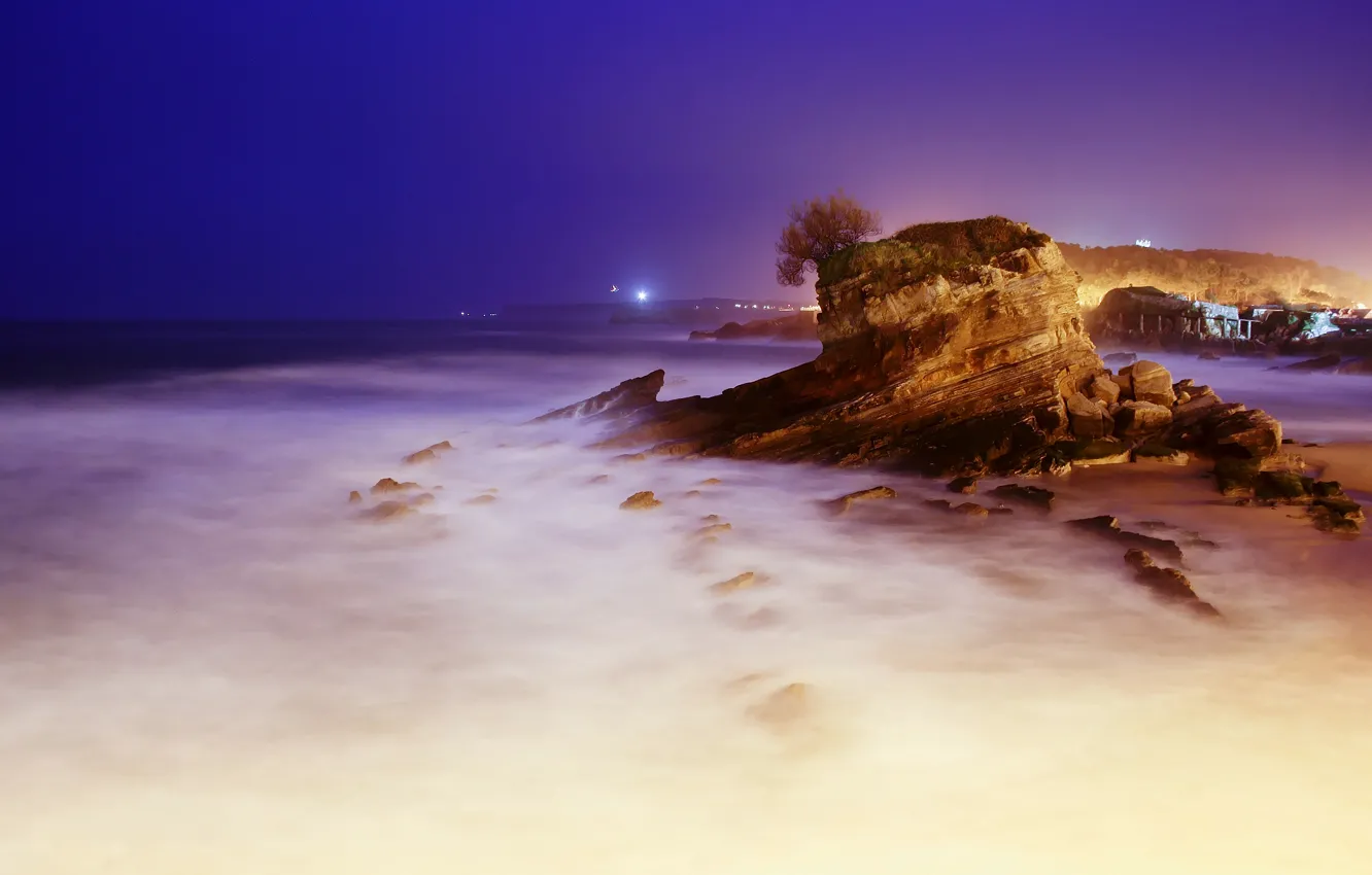 Photo wallpaper sea, night, rocks, excerpt, backlight