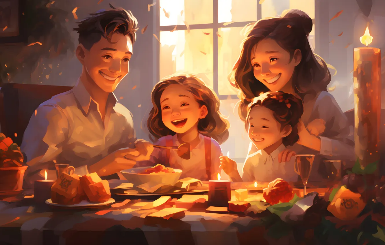 Photo wallpaper joy, new year, candles, family, four, Christmas, girl, male