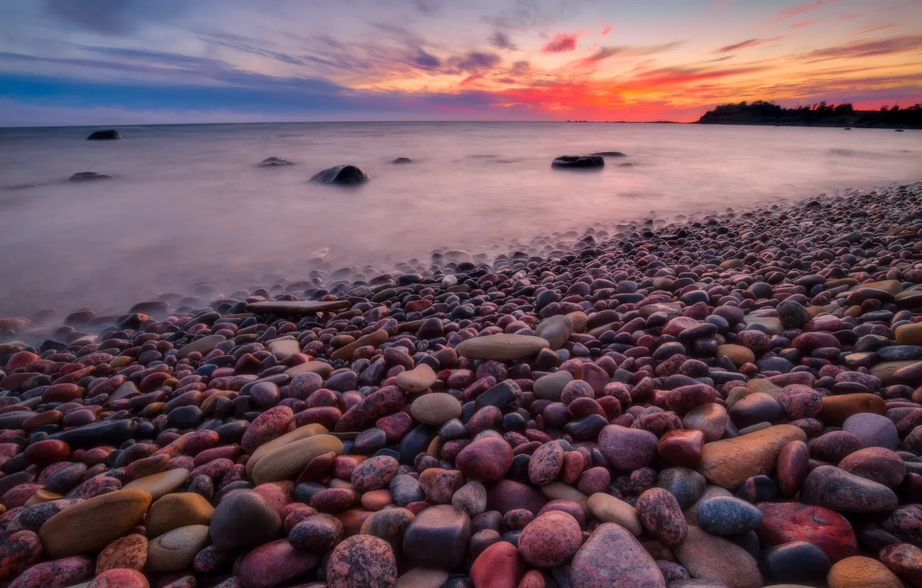 Photo wallpaper sea, beach, the sky, clouds, landscape, sunset, nature, stones