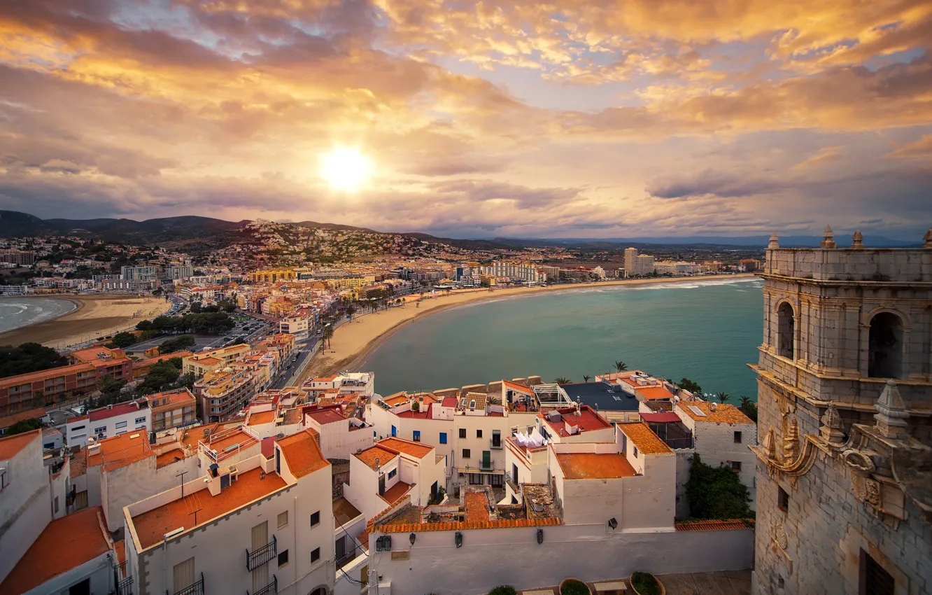 Photo wallpaper sea, the sky, clouds, castle, coast, building, home, panorama