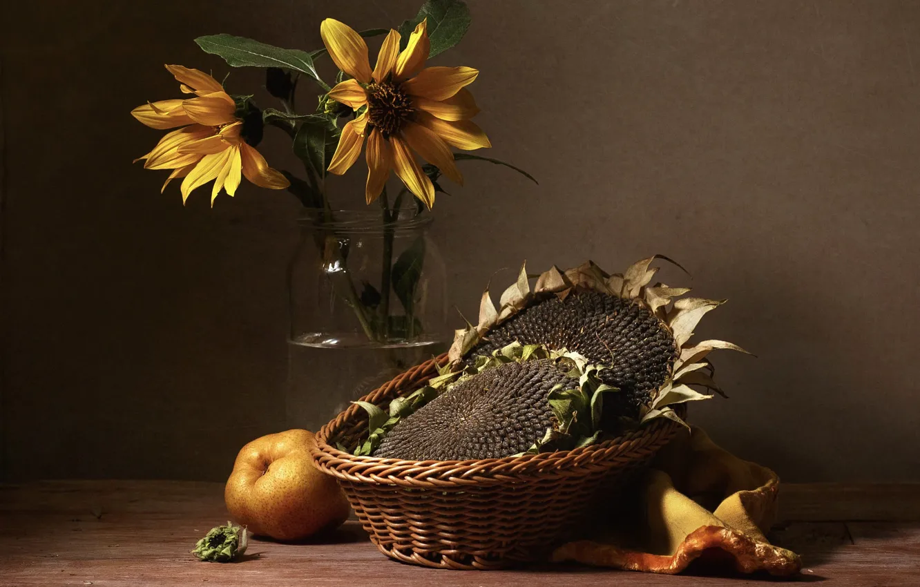 Photo wallpaper sunflowers, flowers, yellow, table, bouquet, Bank, still life, network