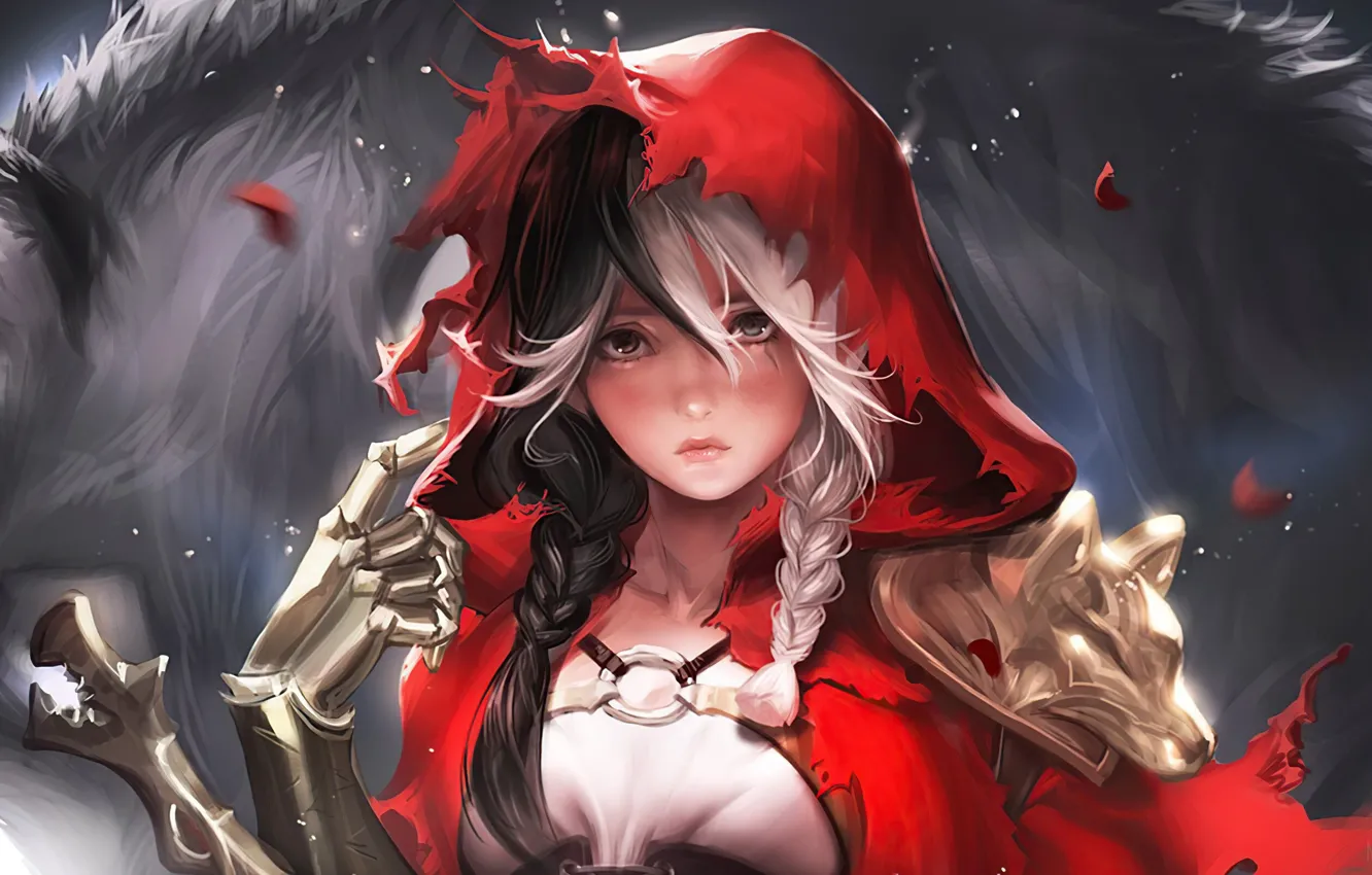 Photo wallpaper sadness, look, little red riding hood, armor, armor, Cape, sadness, look
