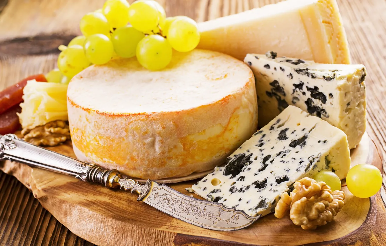 Photo wallpaper cheese, grapes, knife, walnut