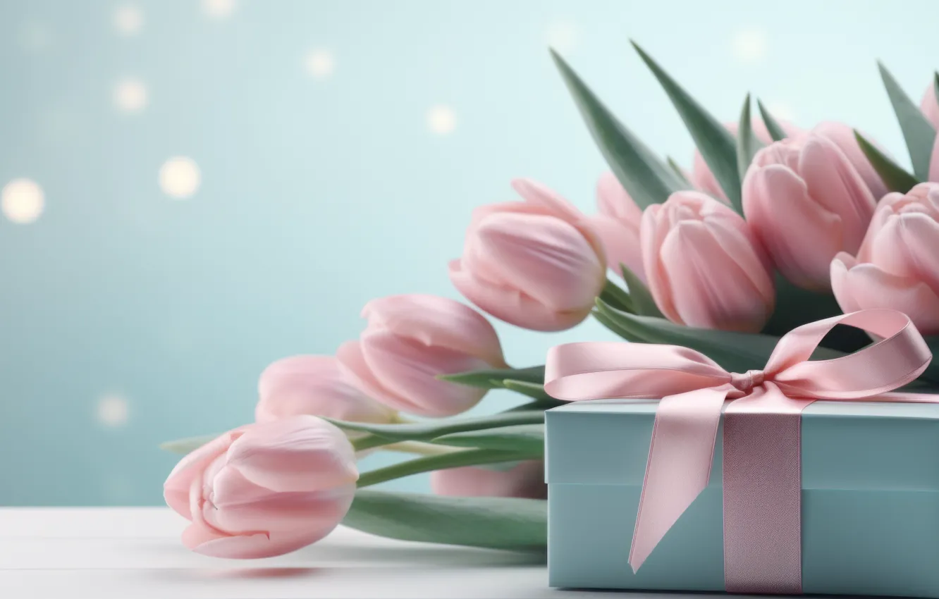 Photo wallpaper flowers, birthday, box, gift, blue, bouquet, spring, Easter