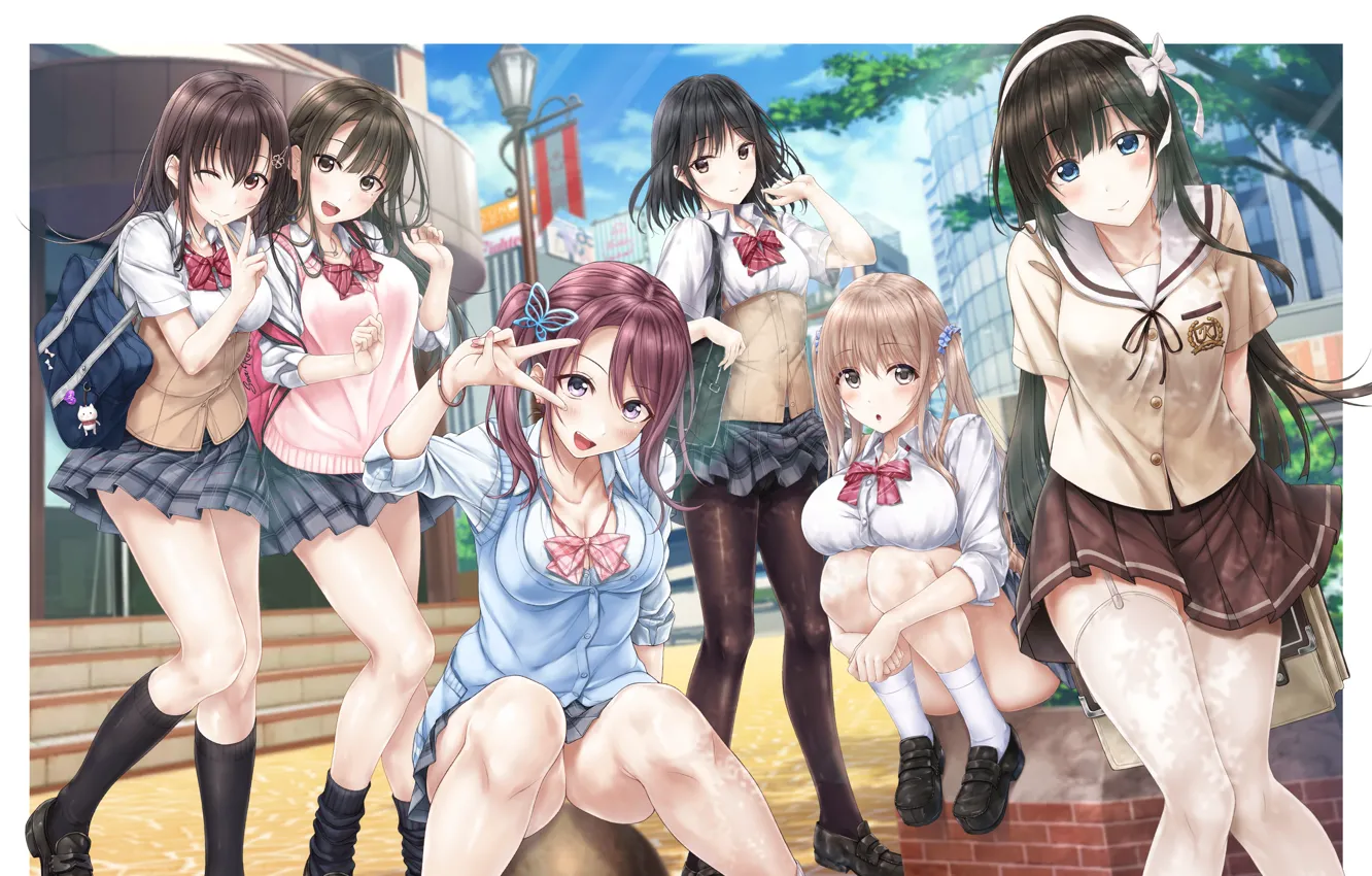 Photo wallpaper girl, sexy, cleavage, blouse, school uniform, thighhighs, long hair, boobs