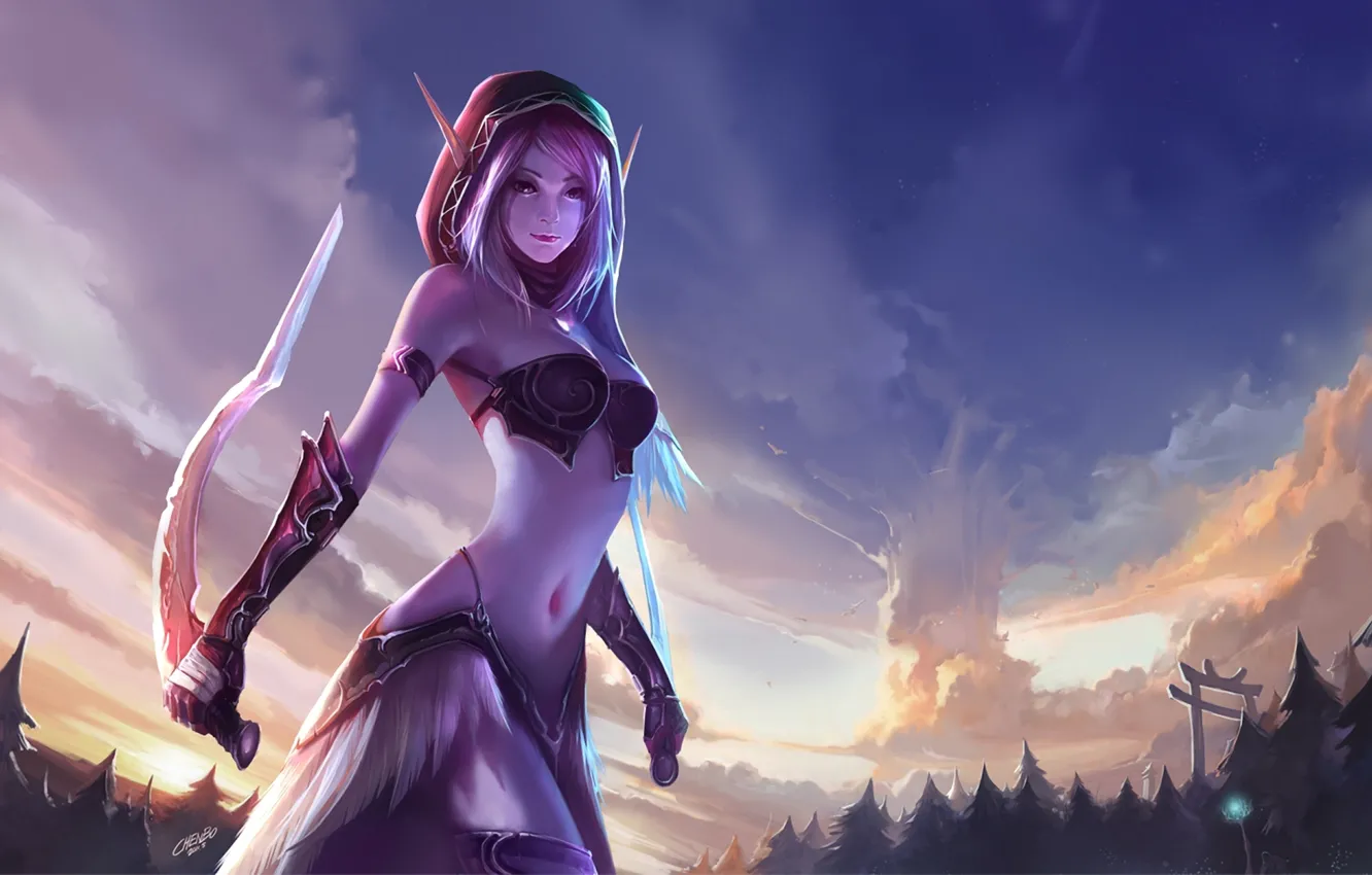 Photo wallpaper forest, elf, art, hood, dagger, World of Warcraft, elf, ears