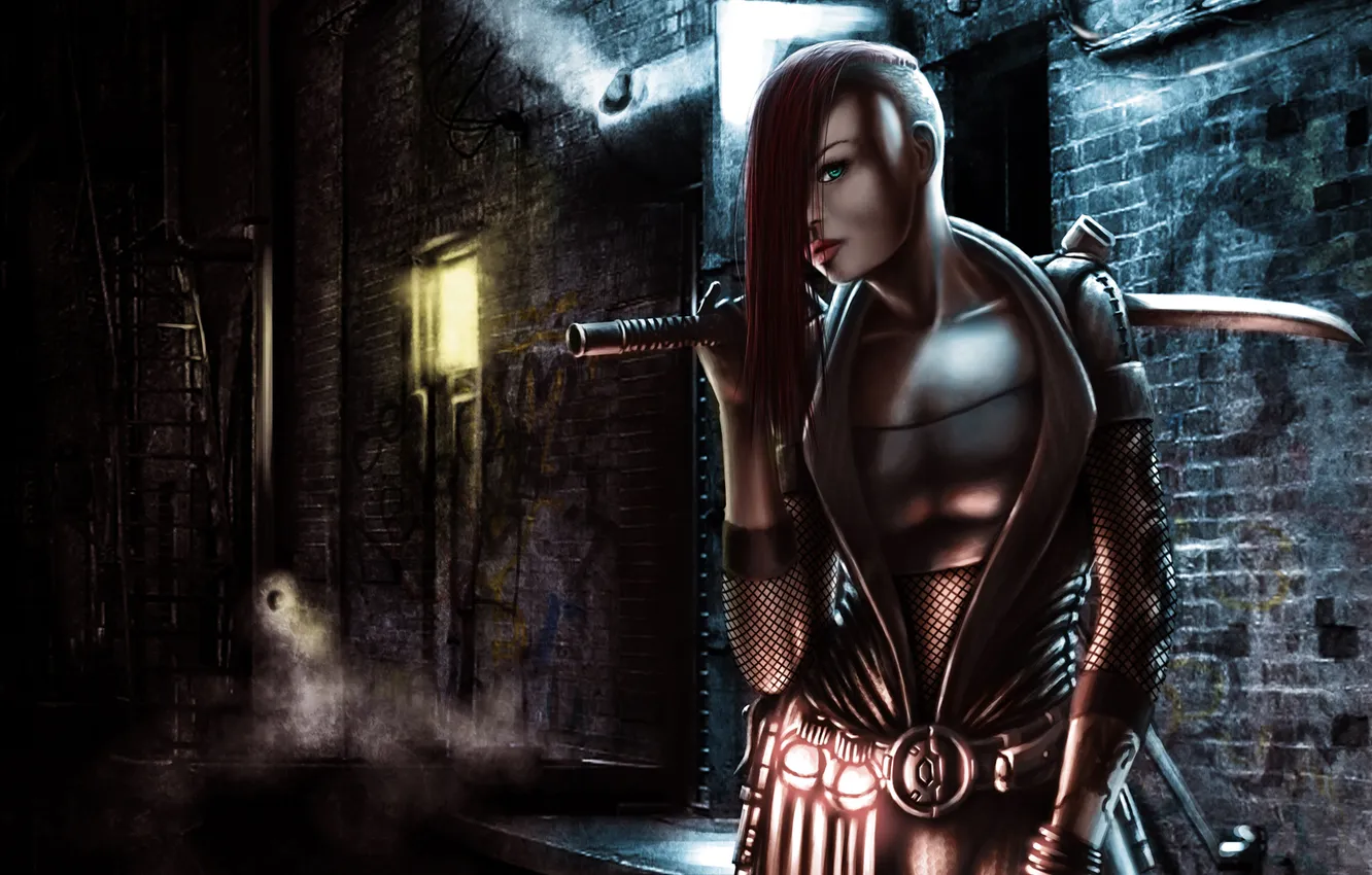 Photo wallpaper girl, night, the city, weapons, sword, katana, art, shaved